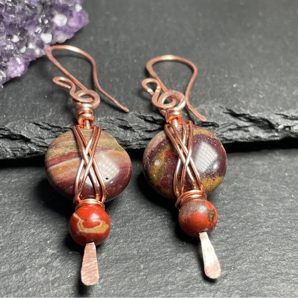 Artisan Copper and Earthy Agate and Jasper Stone Earrings - Picture 8 of 14